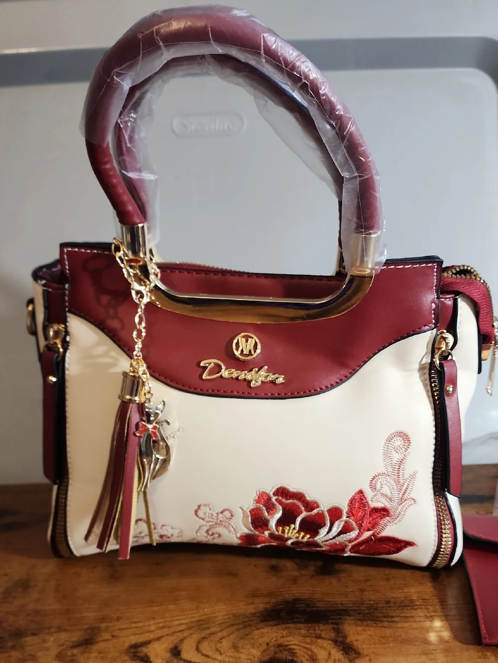 Red 3pcs Set Women's Handbag With Elegant Geometric Print,faux Leather Material,